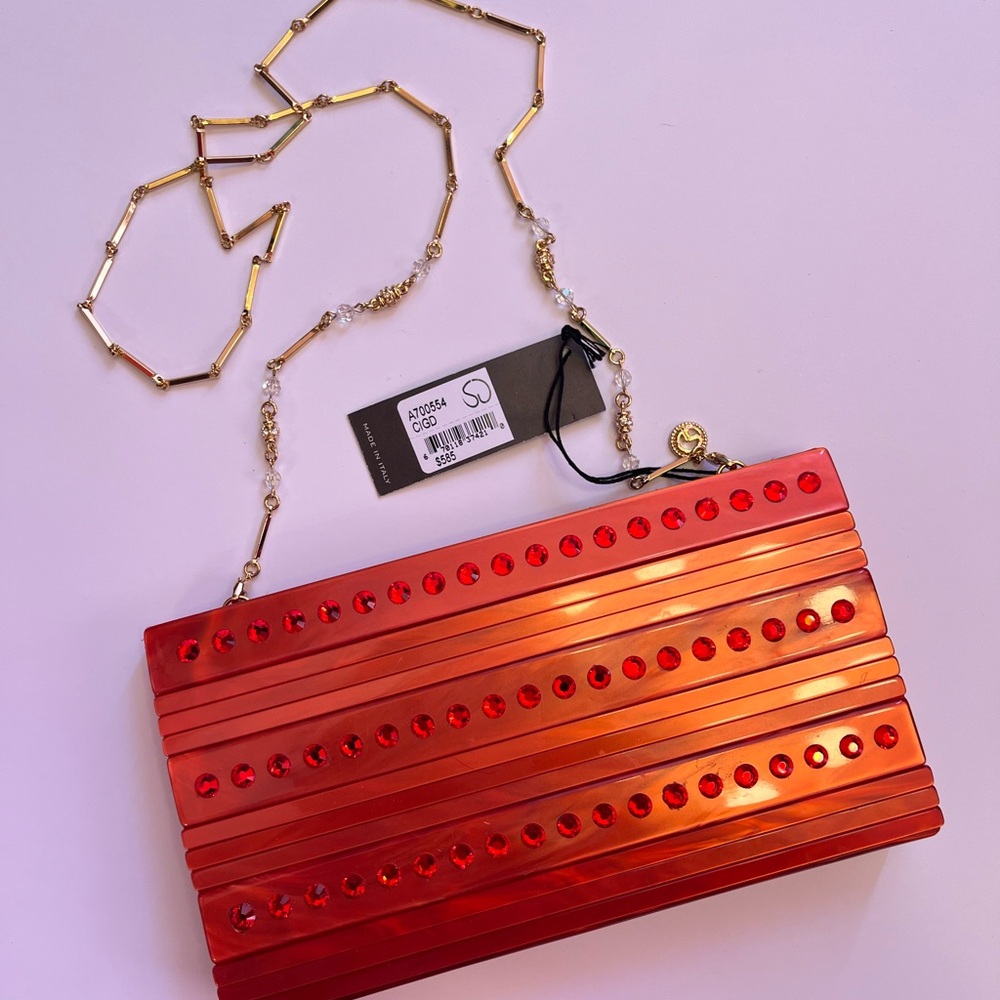 St. John Red Studded Clutch with Gold Chain Made in Italy - Picture 4 of 9
